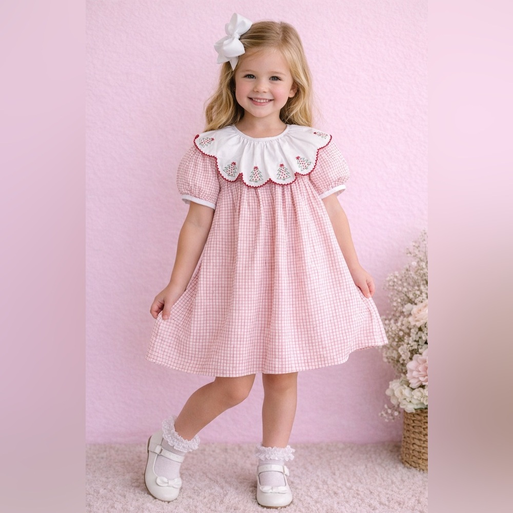 Stitchy Fish Girls Christmas Tree Dress Boutique Holiday Smocked Style Dress